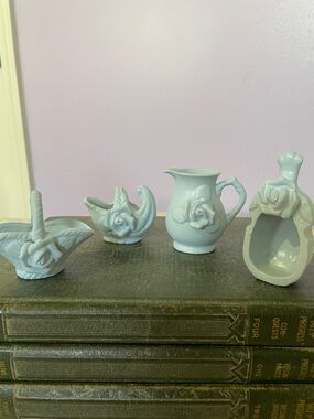 Set of 4 Pale Blue Ceramic Rose Accent Pieces- minis